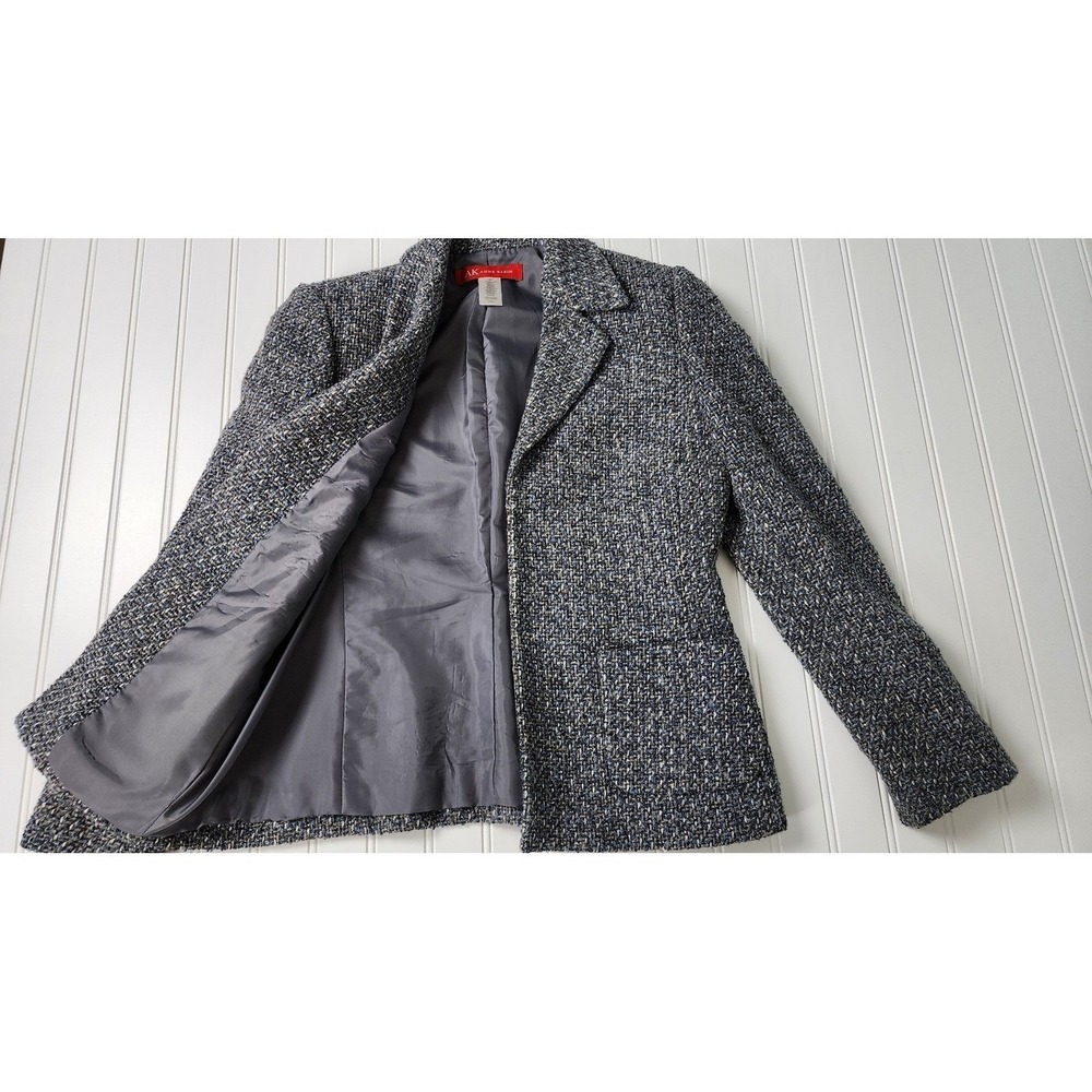 Anne Klein Petite 4P Blue Gray Tweed Blazer Open Front Wool Blend Jacket